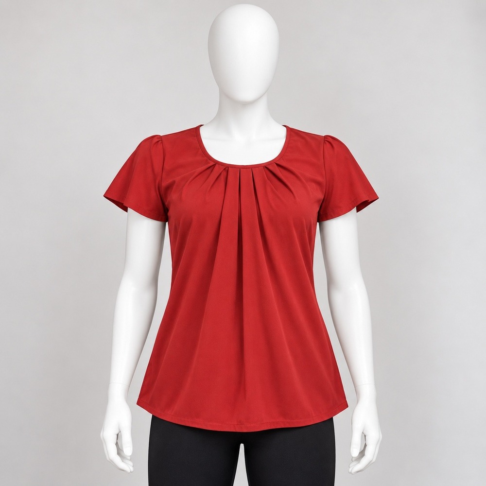 Dressbarn Blouse Women Medium Red Short Sleeve Pleated Neck Back Zip Top